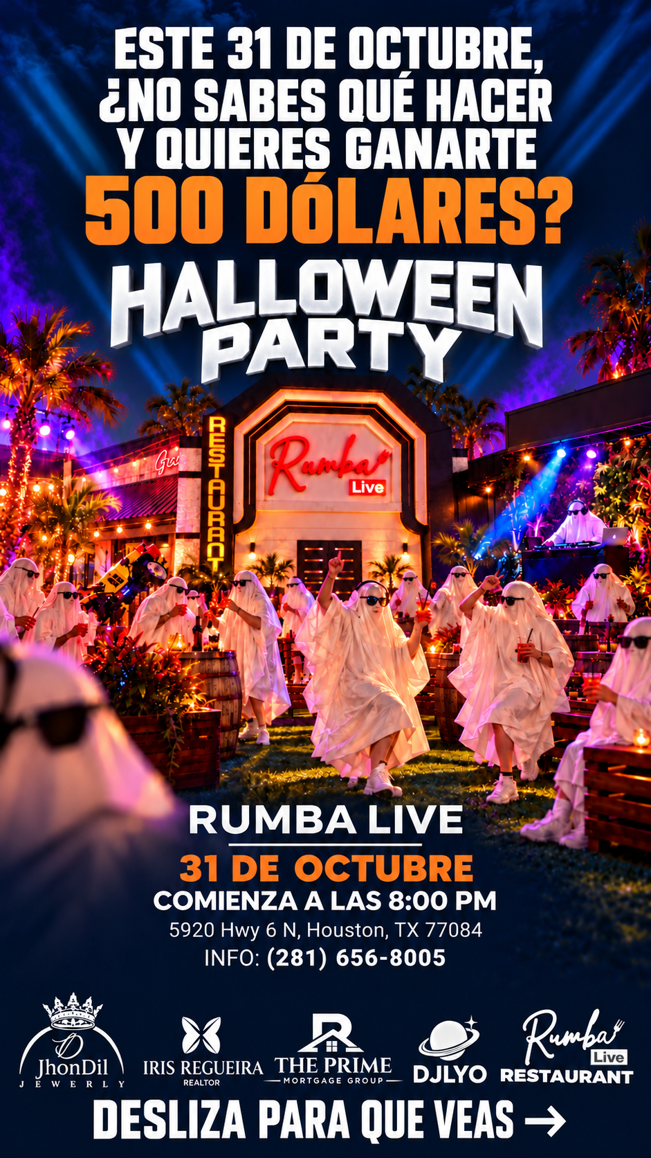 Flyer del Halloween Party en Rumba Live, 31 de octubre, 8:00 PM, 5920 Hwy 6 N, Houston, TX